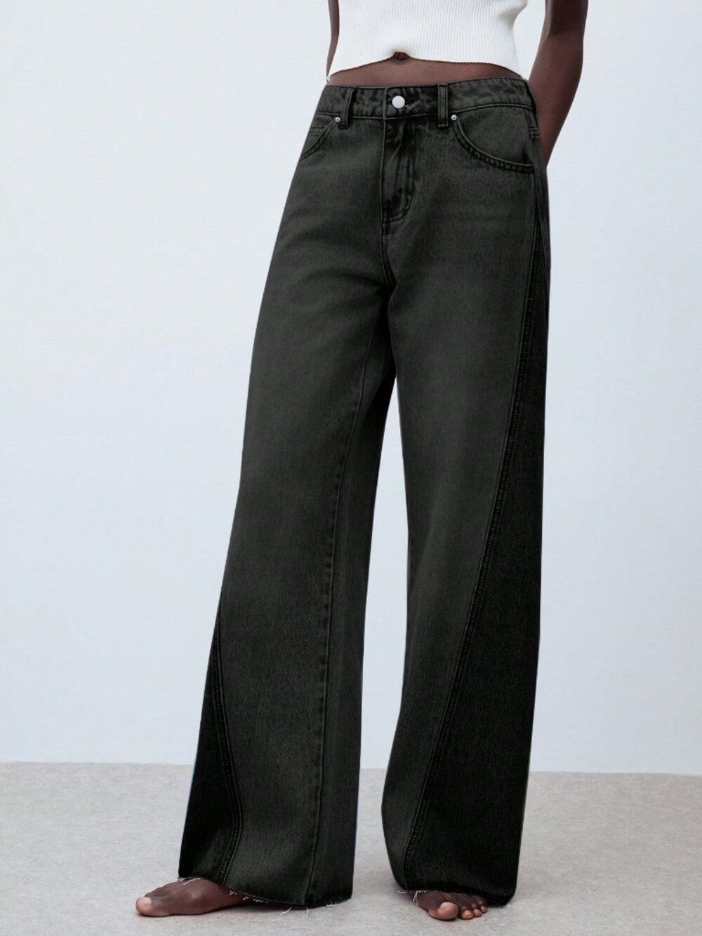 Black Casual Women's Loose Fit Pocket Flare Leg Jeans